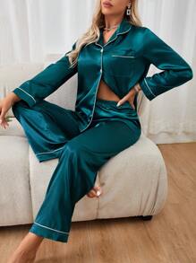 Women's Contrast Binding Lapel Long Sleeve Pajama Set, Fall Winter Clothes - Teal Blue - View 5