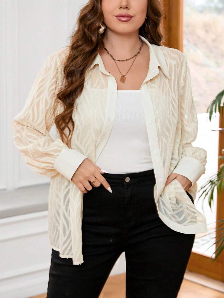 Plus Size Elegant Wave Texture Cut Flower Long Sleeve Sheer Thin Shirt For Commute Vacation Indoor Outdoor Wearing In Spring Summer