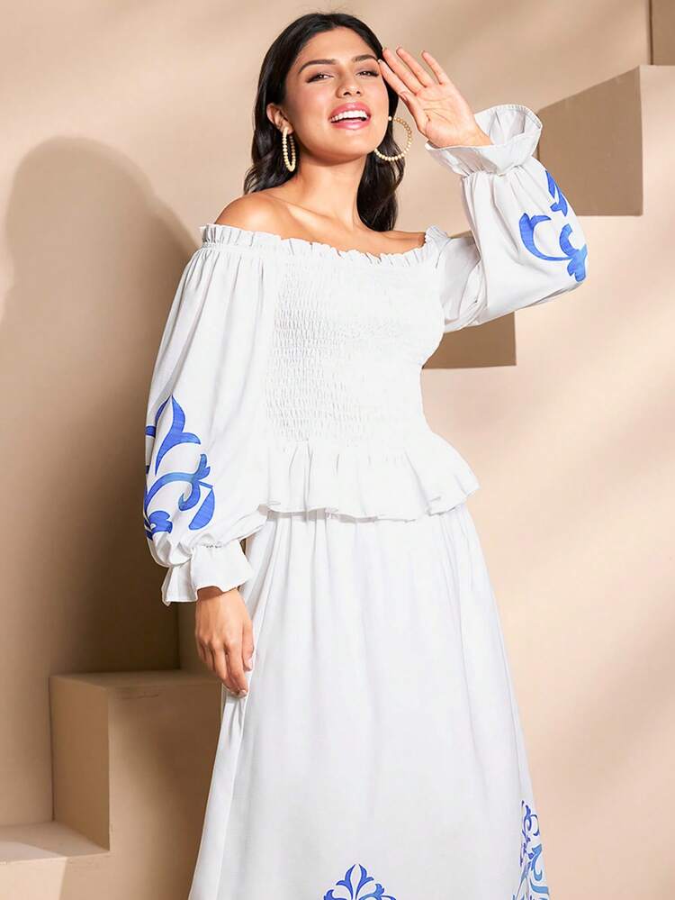 Women's Positioning Print Off Shoulder Top And Skirt Set 2 Pieces Set