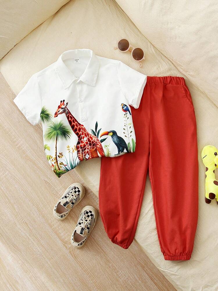 幼児 男の子 快適なアニマル柄プリント半袖シャツ ソリッドカラーの伸縮性ウエストパンツ付き カジュアルウェア用