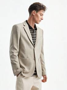 AKNOTIC Business Casual 亚麻易护理夏季梭织休闲西装外套，适合秋冬穿着 - 杏色 - 查看 12