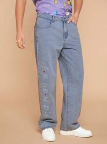 FRIENDS X SHEIN Jeans De Pierna Recta Con Cremallera Y Estampado De Letras Para Hombres