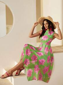 GENKIRA Women's Random Floral Print Asymmetrical Hem Sleeveless Dress For Summer - Multicolor - View 7