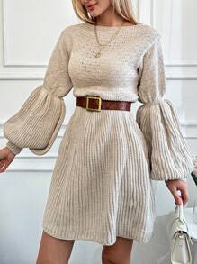 EURMUSE Solid Lantern Sleeve Sweater Dress - Light Grey - View 3