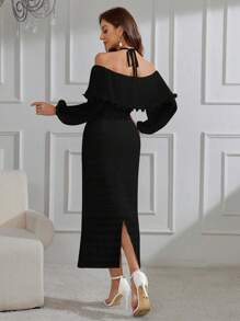 Modelyn Robe longue fendue ras-du-cou avec encolure halter de couleur unie
