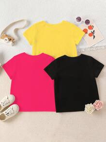 SHEIN GraphicGems Young Girls' Cute Cartoon Letter And Pattern Short Sleeve T-Shirt