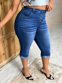 SHEIN SXY 夏季大碼休閒水洗曬痕牛仔七分褲 - 深色水洗藍 - 查看 3
