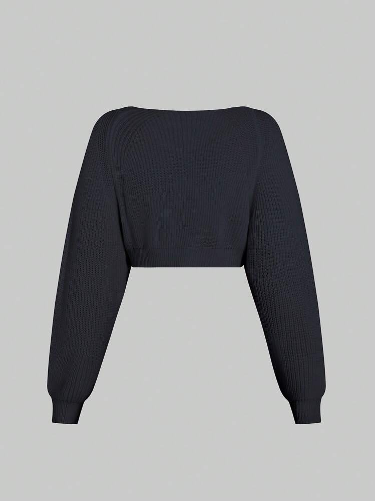 Cardigan de malha canelada de cor sólida plus size - Preto - Ver 10