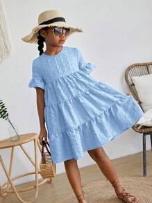 SHEIN Tween Girls' Woven Jacquard Solid Color Loose Fit Short Sleeve Dress With Ruffle Trimmed Hemline