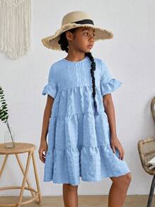 SHEIN Tween Girls' Woven Jacquard Solid Color Loose Fit Short Sleeve Dress With Ruffle Trimmed Hemline