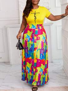 ChicMe Váy Maxi Tay Ngắn In Chữ Faith Cỡ Lớn Cho Phụ Nữ Có Đường Cong Mặc Hàng Ngày Thường Ngày - Màu vàng - Xem 4