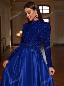 Faeriesty Vestido formal de satén con cuello alto y lentejuelas de contraste Faeriesty