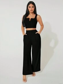 SHEIN PETITE Của phụ nữ Cổ Vết đẻo Quần skinny Áo vest Và Quần ống rộng 2 cái/bộ Cho mùa hè - màu đen - Xem 6