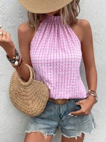 SHEIN VCAY Blouse D'été Sans Manches Pour Femmes Avec Col Halter Et Imprimé À Carreaux - Prune - Voir 1