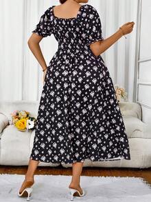 SHEIN LUNE Kích thước lớn Của phụ nữ Bong bóng Tay áo Hoa In Đầm Với Mặt trước Buộc - màu đen - Xem 2