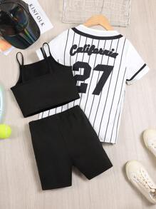 SHEIN 青少女實色背心上衣，短褲和短袖襯衫2件套裝 - 黑色 - 查看 2