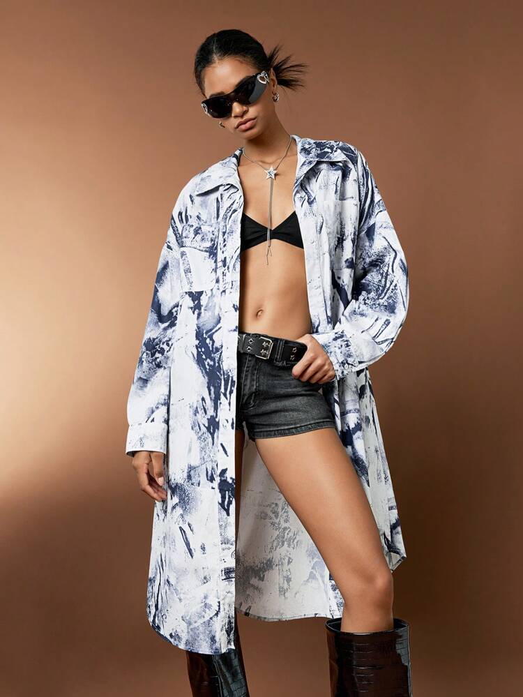 Women's Tie-Dye Long Sleeve Shirt Dress, Suitable For Spring And Summer