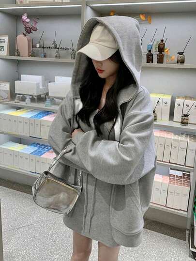 Solid Drop Shoulder Drawstring Hoodie,Long Sleeve Tops