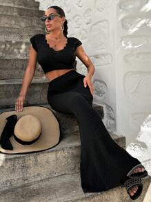 EURMUSE Women's Knitted Short Top And Long Mermaid Skirt2pcs Set - Black - View 4