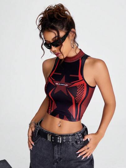 Coolane 星星和字母圖案小高領短款背心