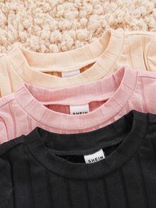 SHEIN Conjunto De 3 Piezas Vestido Tejido Casual De Manga Corta Y unicolor Para Bebé Niña - Albaricoque - Ver 3
