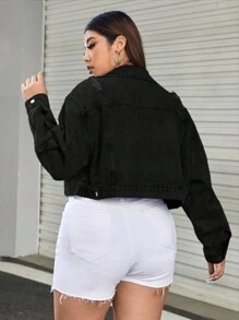 SHEIN EZwear 大碼單排扣牛仔夾克,適合春秋季節穿著 - 黑色 - 查看 2