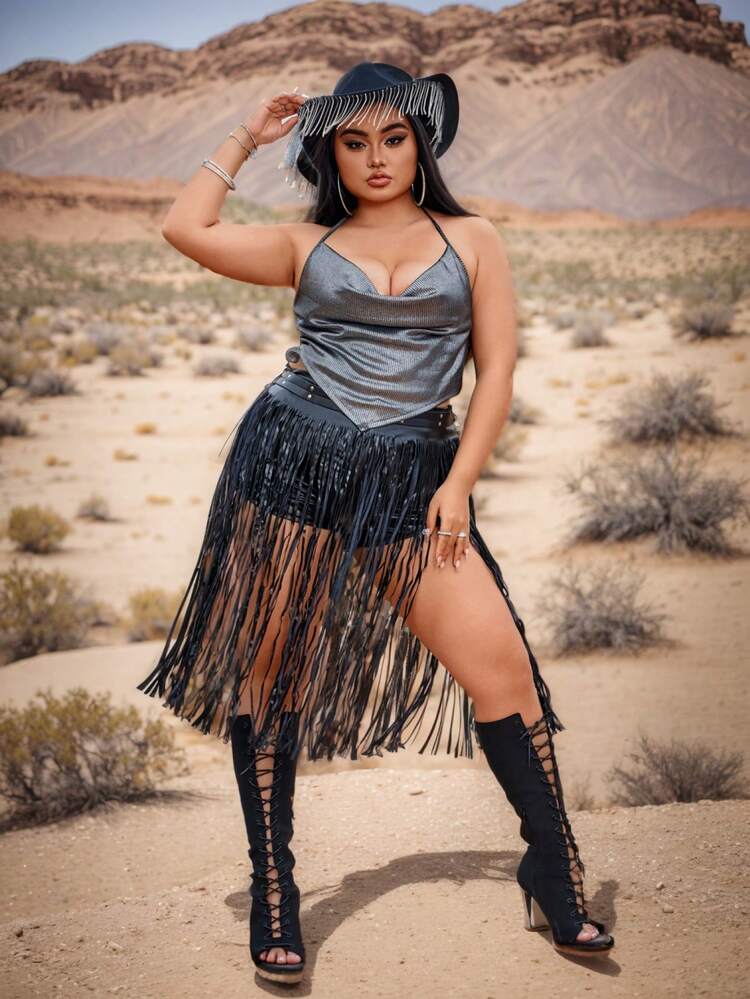 Plus Size Silver Metal Coating Ribbed Fabric Swing V-Neck Concert Outfits Music Festival Spring/Summer Vacation Top With Pointed Hem And Neckline Chain