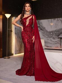 Gorgeous Sparkling Glitter Contrast Mesh Mermaid Hem Formal Evening Dress, Formal Ball Gown For Women, Suitable For Dance Party