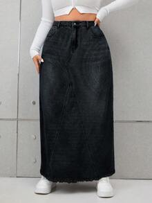 SHEIN ICON Váy denim trơn cỡ lớn có túi - Xám - Xem 5