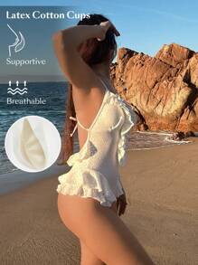 Swim Chiccia Summer Beach Ruffle Trimmed Cutout One-Piece Swimsuit With Embroidered Edge Detailing And Deep V-Neckline - White - View 4