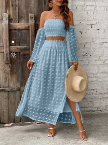 Chiquease Vacation Off Shoulder Sheer Mesh Paneled Flare Sleeve Top And Split Skirt - Baby Blue - View 4