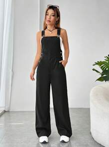 SHEIN EZwear Solid Color Pocket Detail Straight Jumpsuit - Black - View 3