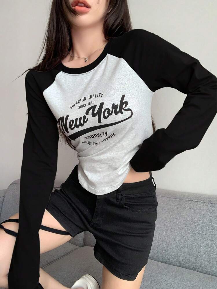Letter Print Color Block Raglan Sleeve T-Shirt SUPERIOR QUALITY SINCE 1989 New York BROOKLYN DURABILITY AND STRENGTH,Fall Clothes Long Sleeve Women Tops Graphic Tee