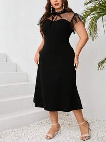 SHEIN Privé 加大碼圓點網紗拼接大擺中長款婚禮聯歡晚禮服，婚禮客人服裝 - 黑色 - 查看 4