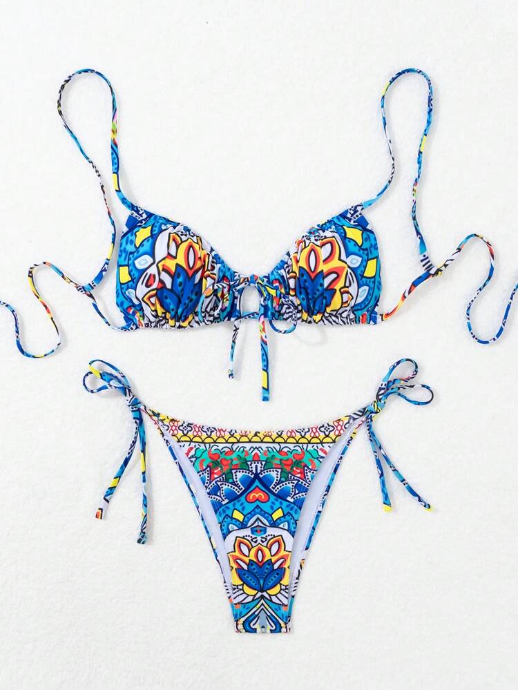 Random Printed Bandeau Two-Piece Bikini Set With Detachable Strap Summer Beach