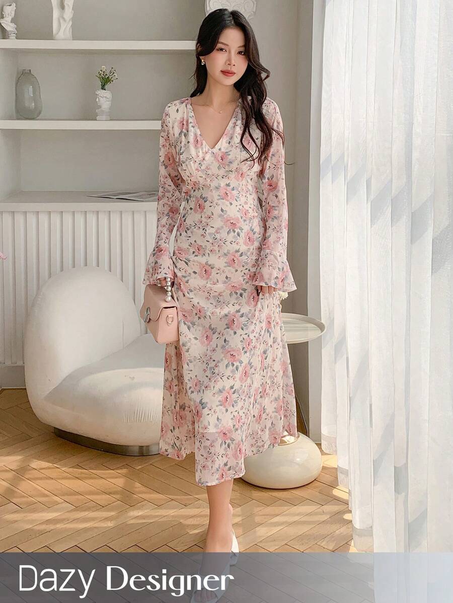 Dazy Designer Đầm dài tay loe họa tiết hoa thanh lịch dành cho nữ xuân/thu, xếp nếp - Nhiều màu - Xem 1