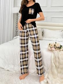 SHEIN Conjunto De Pijama Feminino Xadrez Com Camiseta E Calça - Damasco - Visão 4