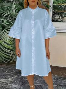 SHEIN Clasi Plus Size Fashionable Spring & Summer Button Design Solid Color Bell Sleeve Dress - Blue - View 1