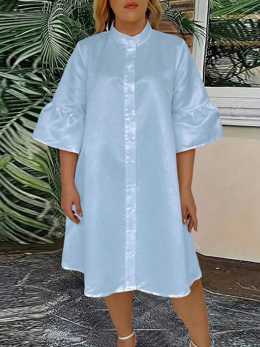 SHEIN Clasi Plus Size Fashionable Spring & Summer Button Design Solid Color Bell Sleeve Dress - Blue - View 1