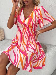 Breezaya In hoa Cổ chữ V Xù Hoa Sen Ngắn tay Đầm - Hồng - Xem 3