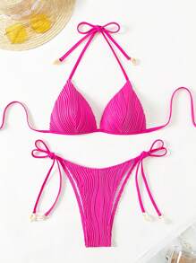 SHEIN Swim 夏季海滩女士纯色挂脖式后系带两件套比基尼套装 - 玫紅色 - 查看 1