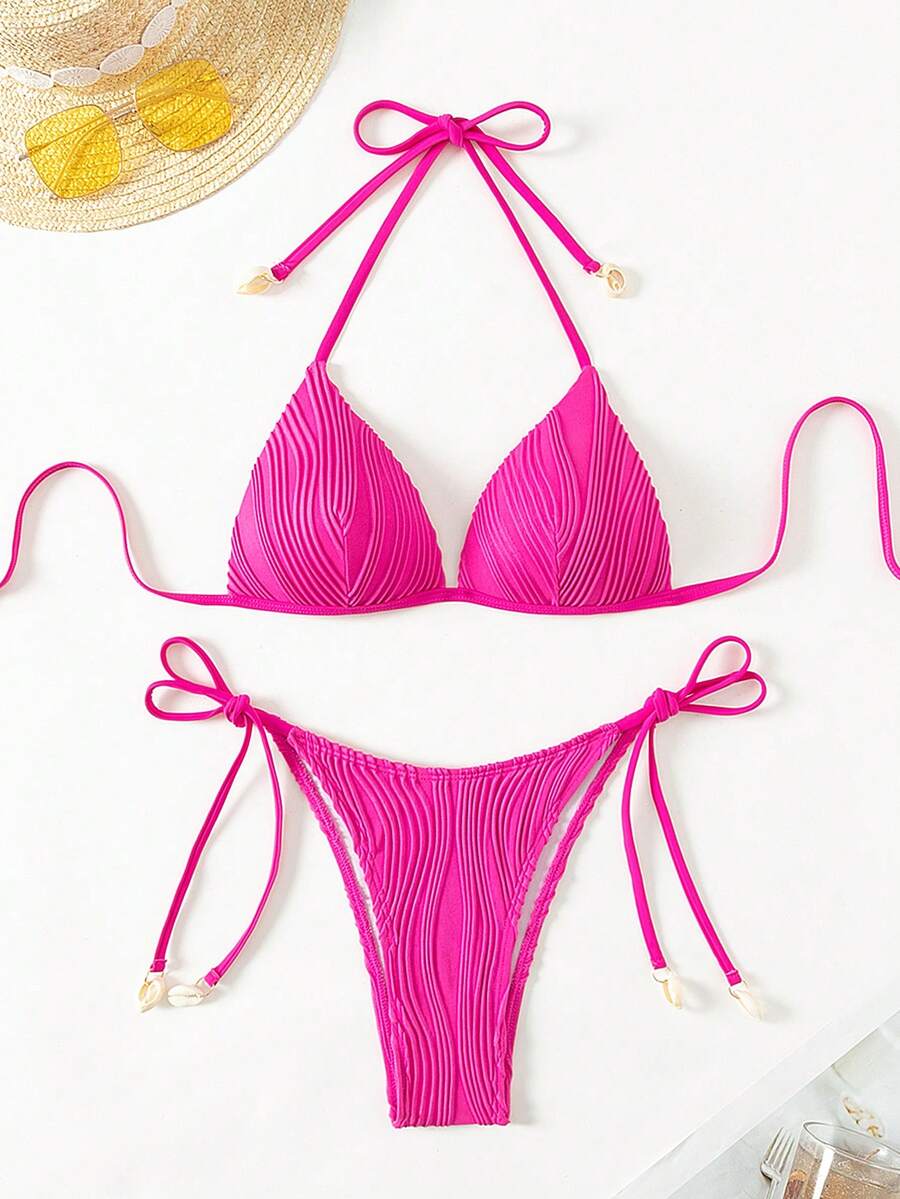 SHEIN Swim 夏季海滩女士纯色挂脖式后系带两件套比基尼套装 - 玫紅色 - 查看 1