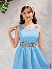 Thiếu niên Cô gái Giải trí Kỳ nghỉ Ren Xu hướng: Cắt giảm Không lưng Váy dây treo - Màu xanh lam - Xem 5