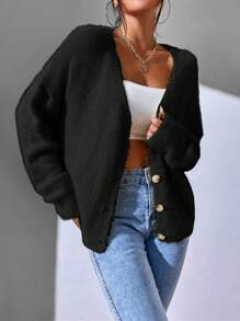 Flirla Women's Casual Solid Color Fluffy Cardigan, Autumn/Winter - Black - View 7