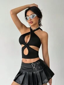 VaVaBold Màu thuần Halter Neck Xu hướng: Cắt giảm Không lưng Áo ba lỗ Áo - màu đen - Xem 3