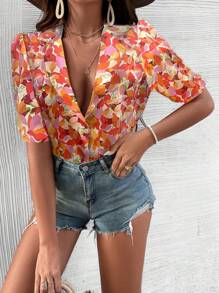 Breezaya Camisa Estampado De Flores De Manga Corta Para Mujer, Perfecta Para Ocasiones Casuales O De Vacaciones De Verano - Rojo - Ver 5