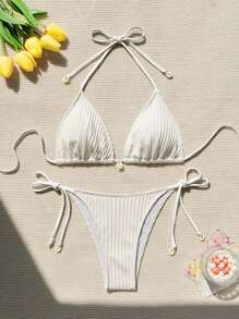 SHEIN Swim Conjunto de bikini separado de unicolor con cuello de halter para mujer, para playa de verano
