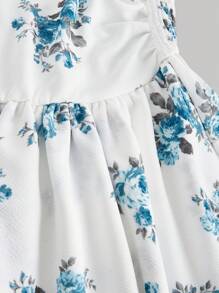 SHEIN MOD Blue & White Floral Print Shirred Back Strapless Princess Dress - Blue - View 4