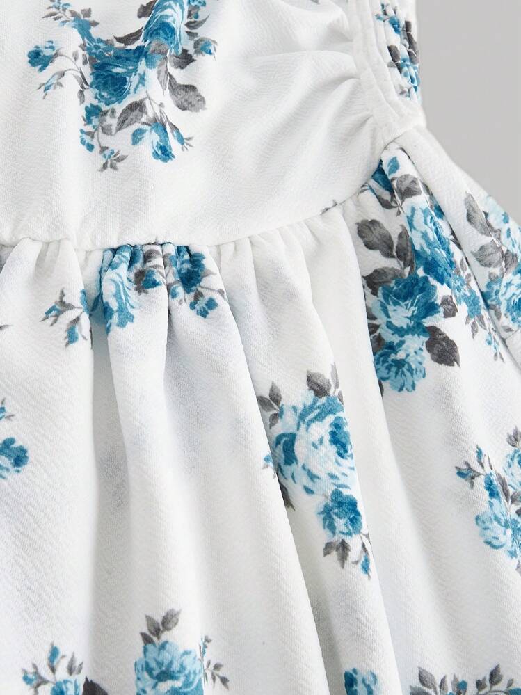 shein white dress with blue flowers SHEIN Priv Blue & White Floral Print Spaghetti Strap A-Line Dress