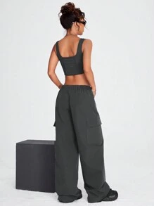 SHEIN X Antonella SHEIN Coolane Solid Crop Tank Top & Flap Pocket Cargo Trousers - Dark Grey - View 2